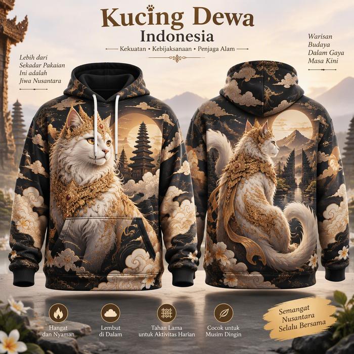 Hoodie Tipis Motif Kucing Dewa Nusantara Warna Hitam Cokelat, Lengan Panjang, Kupluk dan Kantong Dep