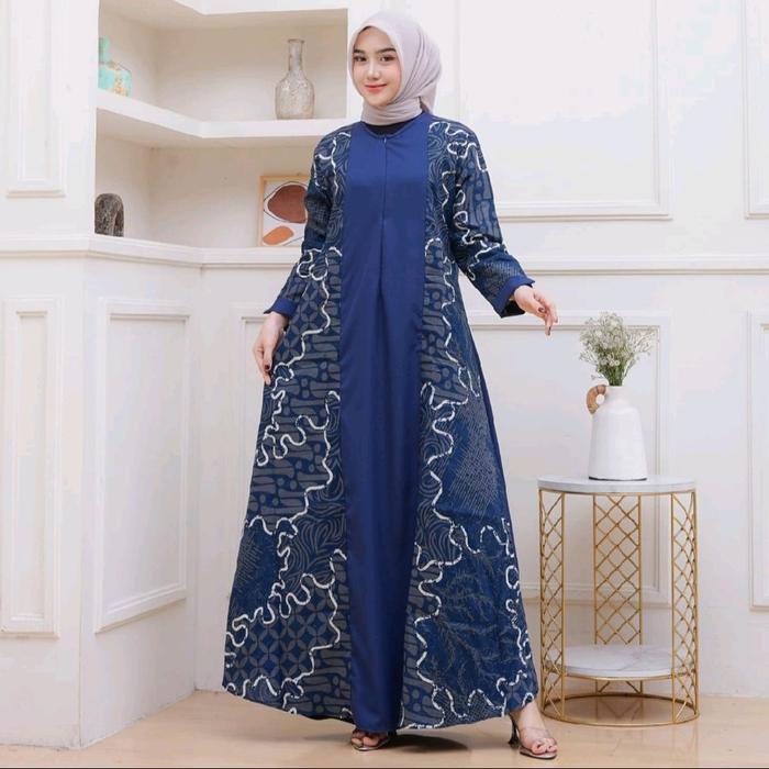 Baju Gamis Batik Warna Navy Kombinasi Corak Garis Putih Model Terbaru