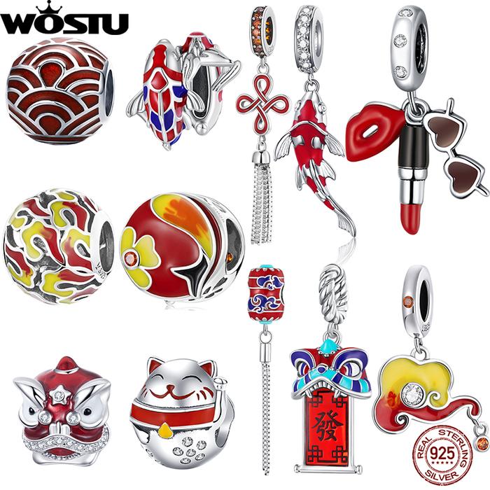 Wostu 925 Sterling Silver New Year Carp Septal Charm Red Lantern Lion Dance Hanging Bead Fit Origina