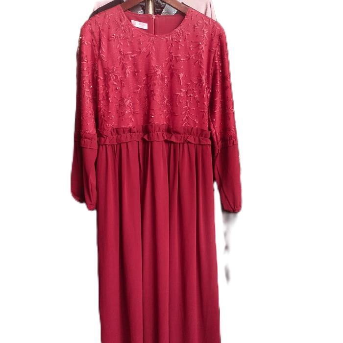 Gamis Latisya Merah Maroon Ceruty Babydoll Mix Brukat Serut Belakang Tengah Tangan Balon Mix Ceruty