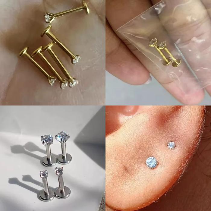 ASTM F136 Titanium 16G Labret Ear Lip Stud Nose Piercing Internally Threaded CZ Cartilage Tragus Hel