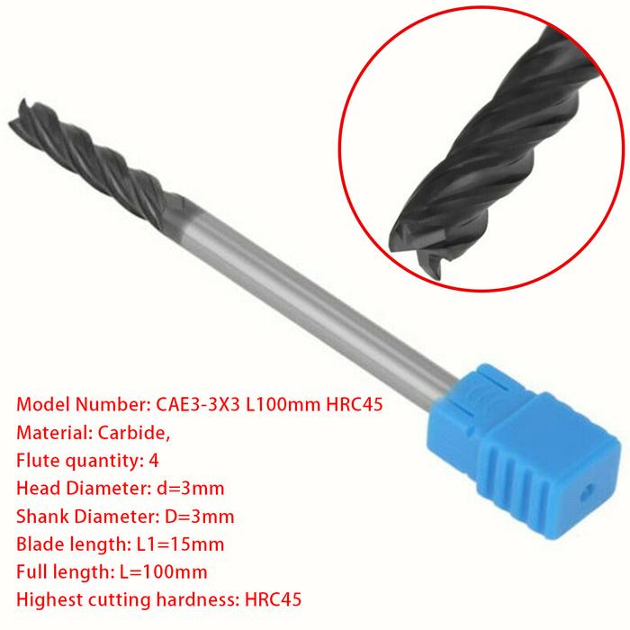 3MM Carbide End Mill HRC45 Extra Long Shank 100mm Tungsten Carbide