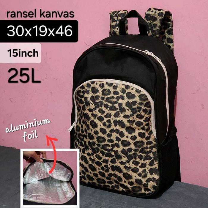 Preloved Tas Ransel Besar Travel/Sekolah/Kerja Laptop 15inch Kanvas Poliester Hitam-Brown Leopard/Ma