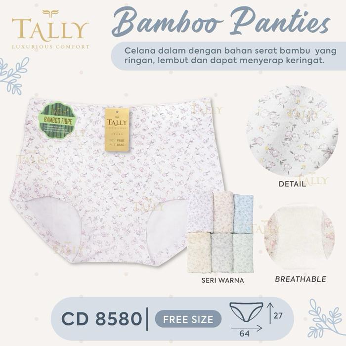 3pcs BARU TALLY 8580 Celana Dalam Motif Bunga Bahan Katun Viscose Bamboo Fibre Seri Warna Free Size 