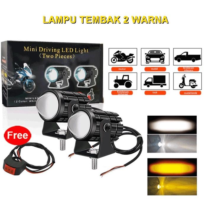(2 lampu + saklar)Motorcycle lights lampu tembak laser 2 warna High low putih kuning waterproof / la