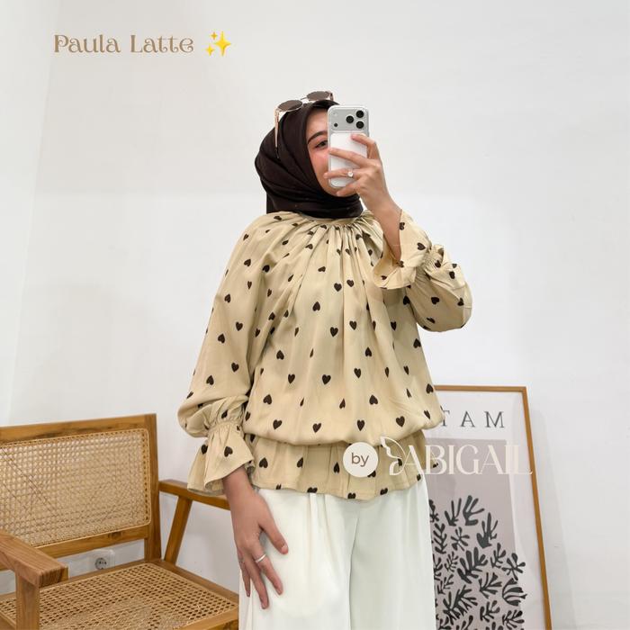 Paula Blouse Model Kerut Pinggang Casual Outfit Bahan Rayon Premium Lengan Panjang Balon Motif Love 