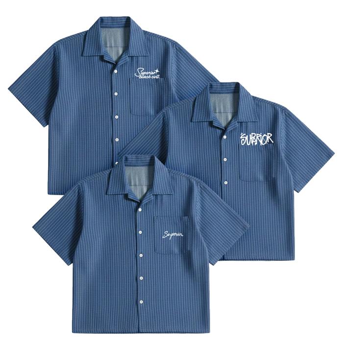Superior Black Cvlt. Kemeja Pendek Boxy Fit Skena Stripe Denim Semi Wol #1