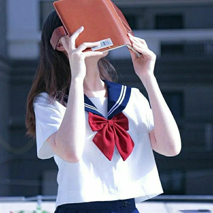 Atasan Seifuku Seragam Jepang Katun Hitam/Putih