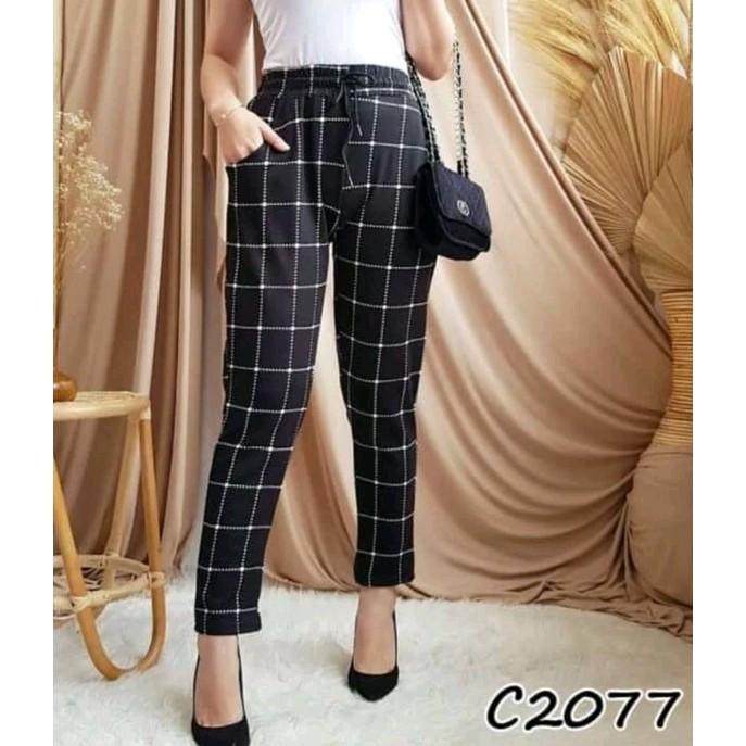 celana fashion mawi kotak hitam lembut nyaman Motif Panjang