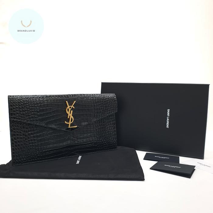 YSL SAINT LAURENT UPTOWN CLUTCH POUCH CROCO SHINY BLACK LEATHER GHW