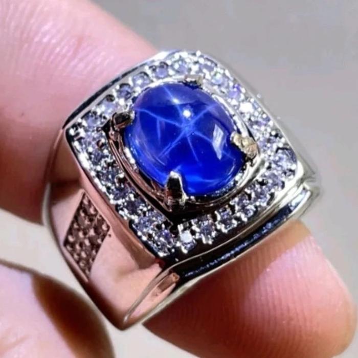 TERLARIS Batu Blue Star Safir Asli Bangkok Kekerasan 9 Mohs Siap Pakai Cincin Mewah untuk Pria dan W
