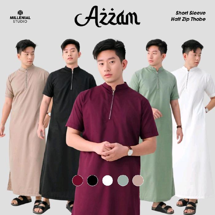 Azzam Jubah Pria Slimfit Gamis Lengan Pendek Halfzip Thobe Sanvanina | Jubah Pria Katun Toyobo | Tho