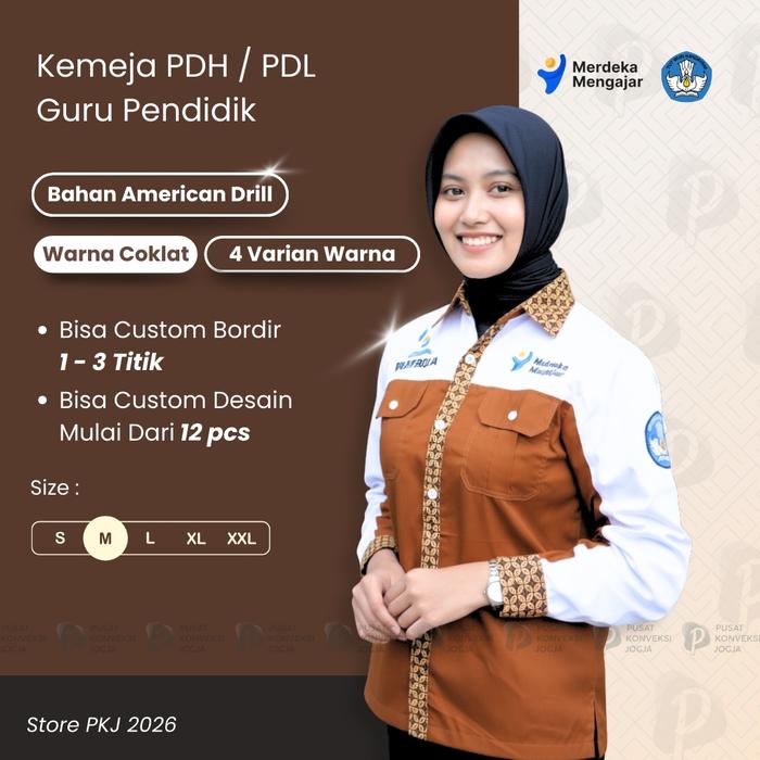 Merdeka Mengajar Kemeja PDH Coklat Kombinasi Batik Guru Pendidik Bahan Drill Premium Adem Nyaman Tam