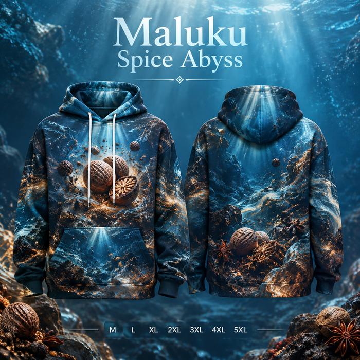 Hoodie Unisex 3D Printing Dunia Bawah Laut Maluku Spice Abyss, Warna Biru Gelap dengan Motif Rempah 