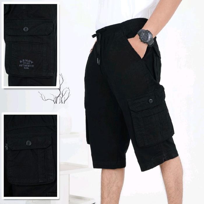 Celana Kendy Cargo pendek pria pinggang karet warna hitam