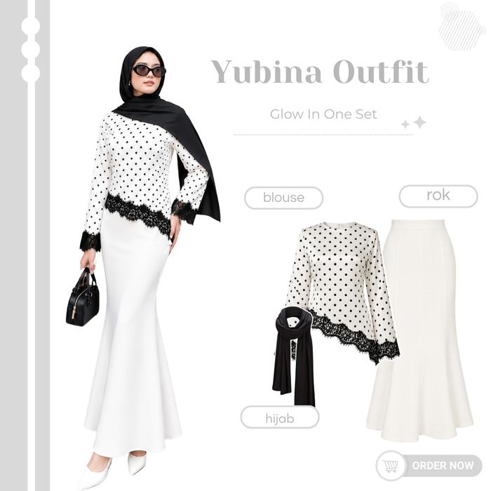 One Set 3in1 Set Outfit Kekinian ( Blouse Polka Renda+Rok Duyung+Hijab ) Yubina Style Fashion Remaja