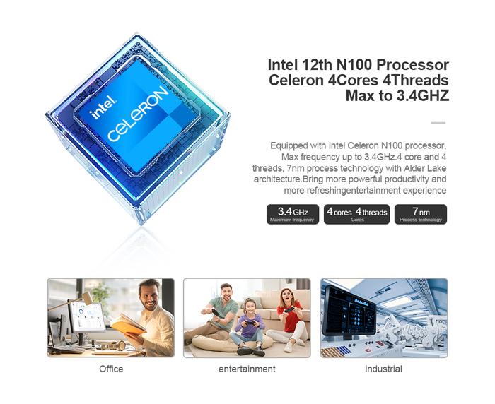 Chatreey komputer saku 3xHDMI 2.0, PC Mini Intel Celeron Quad Core