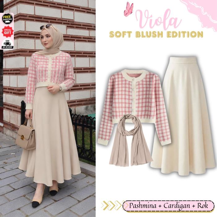 Viola Set Outfit Remaja KEkinian [ PAshmnia + Cardigan + Rok Joda ] One set Korean style nongkrong c