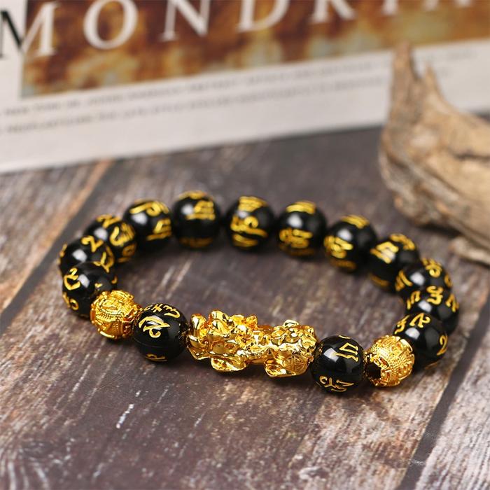 Gelang Manik-Manik Pixiu Emas Asli 24K Gelang Tangan Keberuntungan Gelang Feng Shui Pixiu Obsidian H