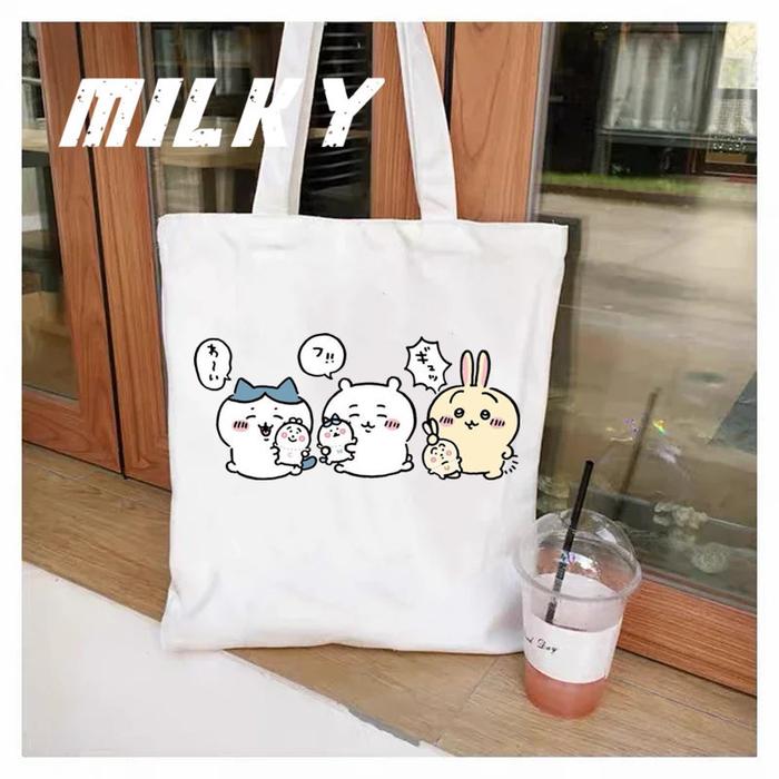 MINISO Kawaii Chiikawa Tote Bag Foldable Large Capacity Shopping Bags Aesthetic Fashion Canvas Reusa