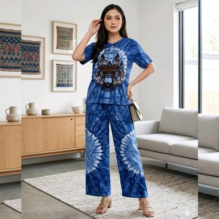 Setelan Wanita Kaos Lengan Pendek Celana Kulot Panjang Semata Kaki Atasan Kerah Leher Bulat Dada Tal
