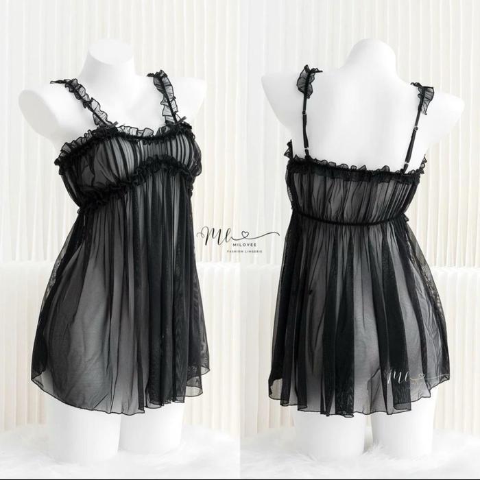 Milovee 483 Babydoll - Lingerie Mini Dress Nylon Transparan Non Cup Wanita Dewasa Hitam Putih Fit To