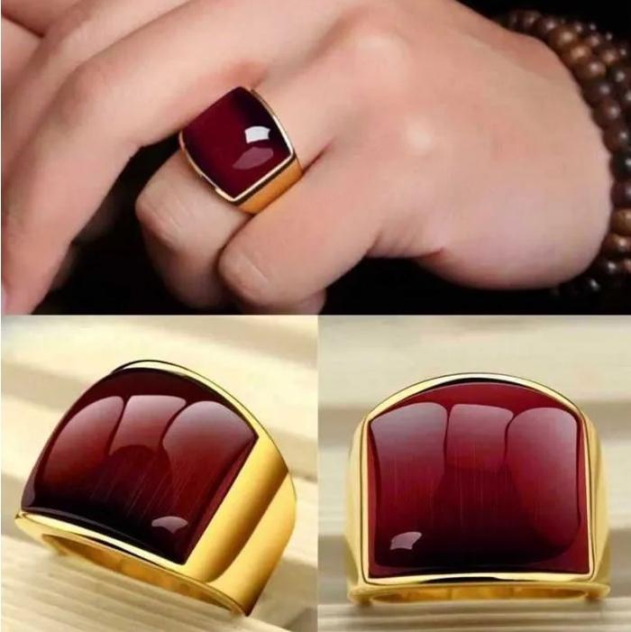 Cincin Warna Emas Pria Cincin Punk untuk Pria Baja Tahan Karat Antik dengan Batu Mata Kucing Merah C