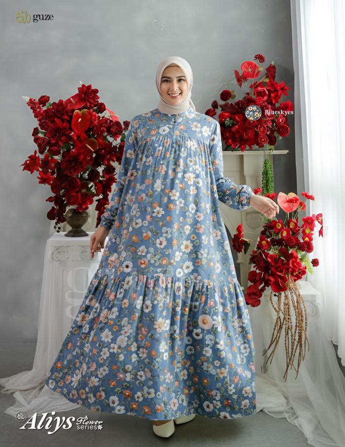 Guze - Gamis Rayon Print Motif Premium Flower Blue Standart dan Big Model Mayung Aliys Flower Serie