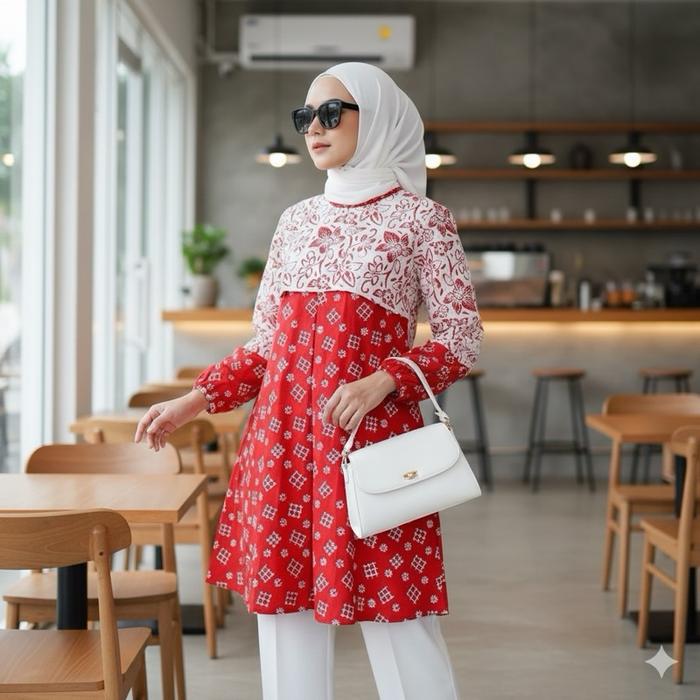 Shanaya Batik Tunik Seling Garutan Merah Cap Batik Solo Atasan Batik Modern Seragam  Wanita  Muslim 