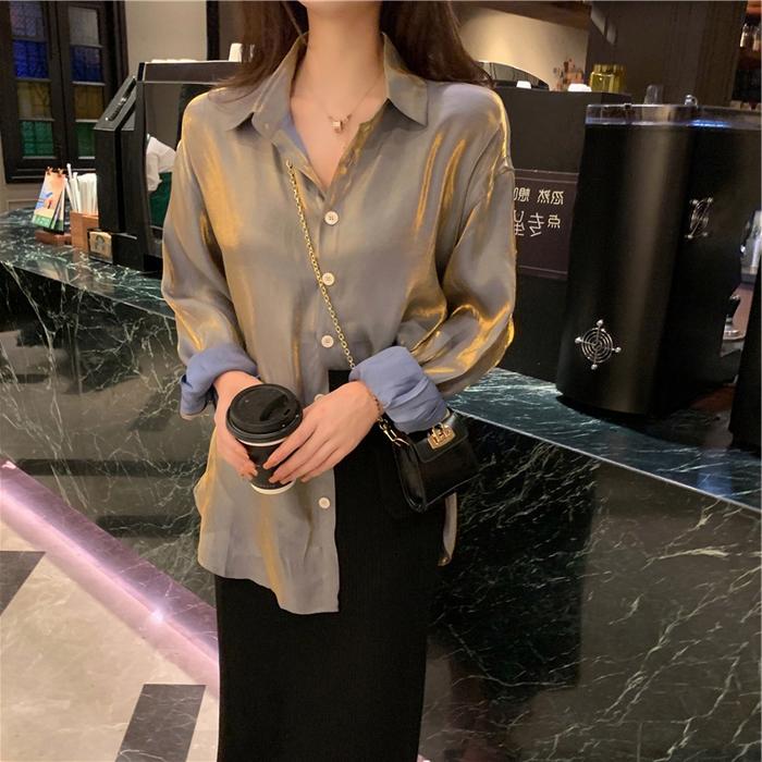 【READY】SHIMMERING TOP shirt kemeja mengkilap silk kemeja