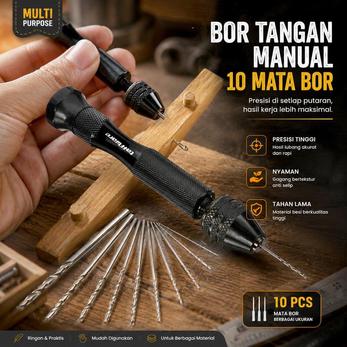 Taffware Bor Tangan Manual Hand Drill HSS Mini dengan 10 Mata Bor - 3003