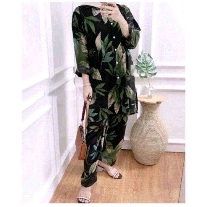 SETELAN BAJU ATAS BAWAH MOTIF DAUN STANDAR LONG TUNIK ONE SET WANITA