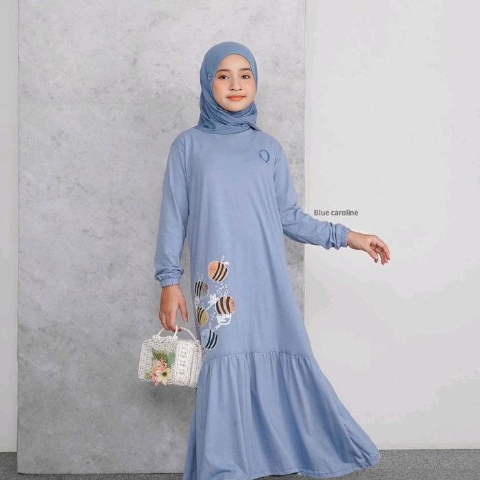 Quinza - Mona Dress Kids Fashion Muslim Nyaman Ruffle Sablon Baju Gamis Panjang