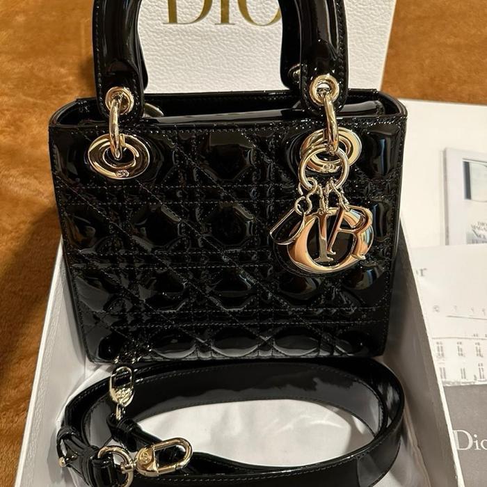 AUTHENTIC Lady Dior Black Patent Small Ghw Preloved