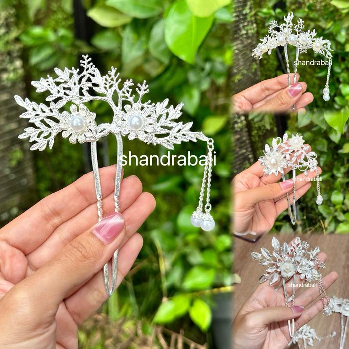 Shandra Bali - Aneka Cucuk Warna Silver Perak Tusuk Konde Model Bunga Jepun Akar Daun Kendari Mutiar