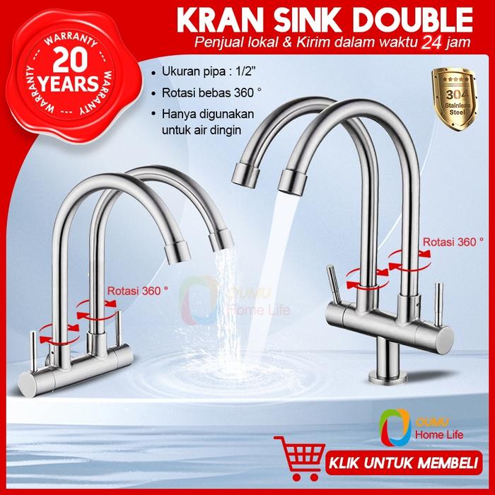 Kran Sink Double Rotasi 360° / Kran air stainless 304 / Keran Angsa Fleksibel / Kran Cuci Piring Dua