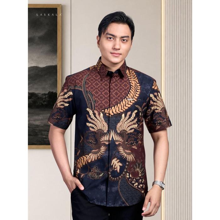 Laskala Batik Premium Lokananta Navy Kemeja Batik Pria Slimfit Lengan Pendek