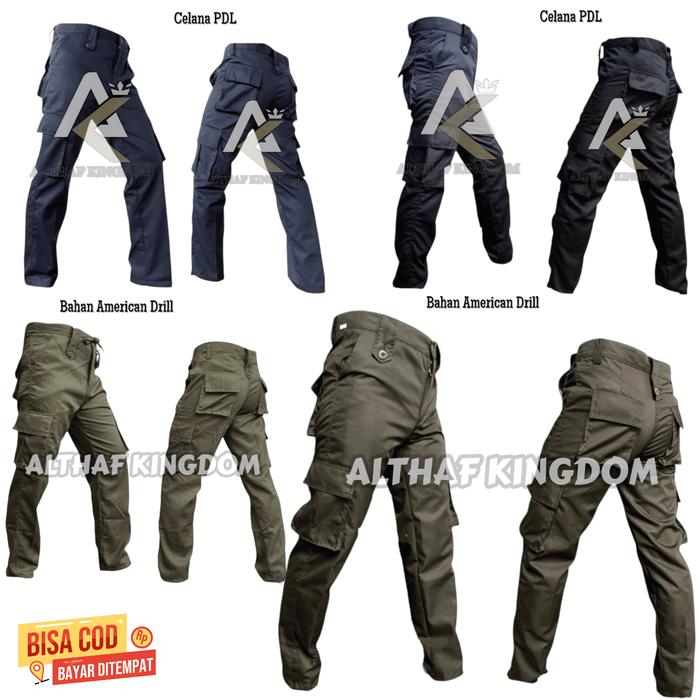 Celana PDL Security Satpam FKPPI Bahan American Drill Tebal Coklat Tua Hitam Navy 6 Saku Tali Pingga