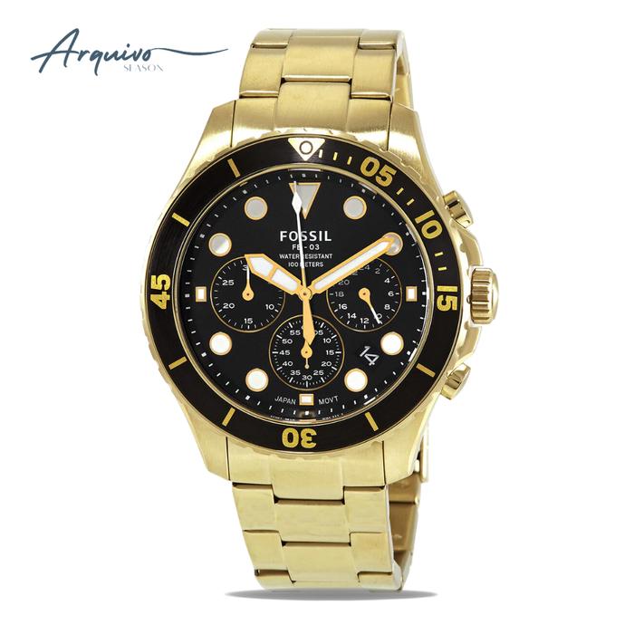 Jam Tangan Pria Fossil FB-03 Chronograph Men Black Dial Gold Stainless Steel Strap Mewah Sporty Orig