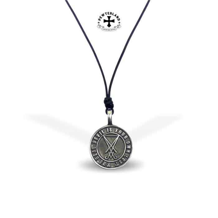 Pewterland Pendant 2D Sigil of Lucifer KAlung tengkorak logam timah tali serat kulit hitam pria wani