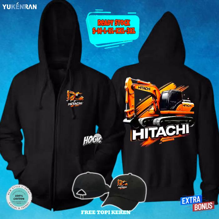 JAKET RESLETING OPERATOR EXCAVATOR HITACHI 2D DESIGN KECE NEW KATUN FLEECE BONUS TOPI Sweater Pria D