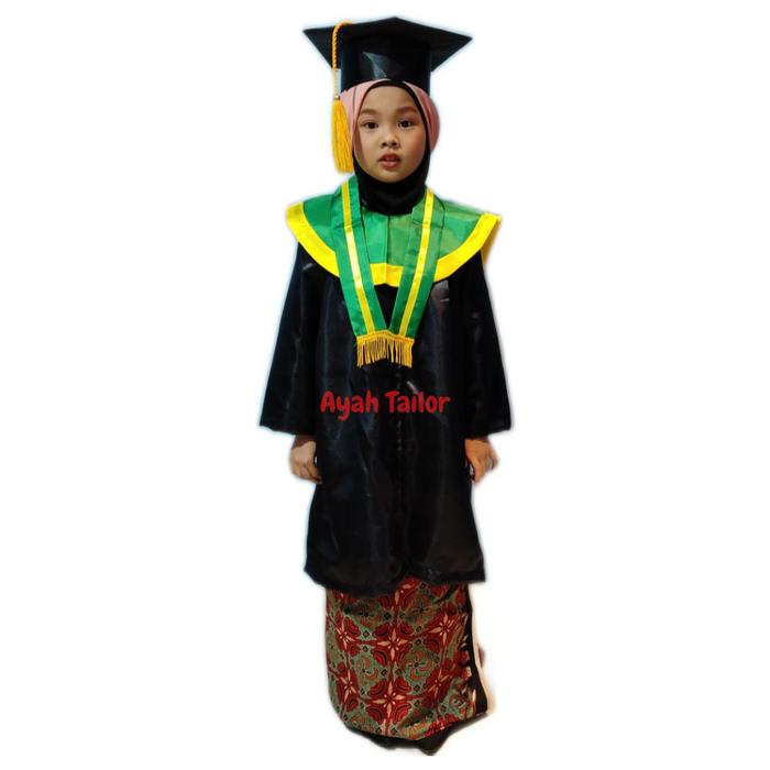 BAJU TOGA JUBAH WISUDA TK PAUD HIJAU LIST KUNING - HITAM, S