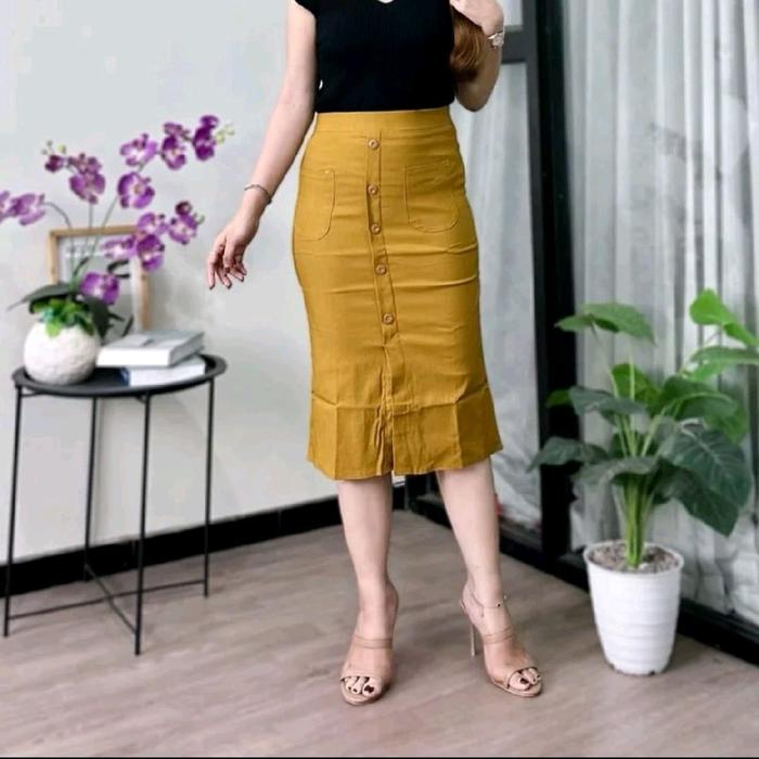 Rok Wanita Model Selin 7/8 Midi Bahan Otomen Warna Hitam Crem Kunyit Army Abu Muat BB 80 Kg