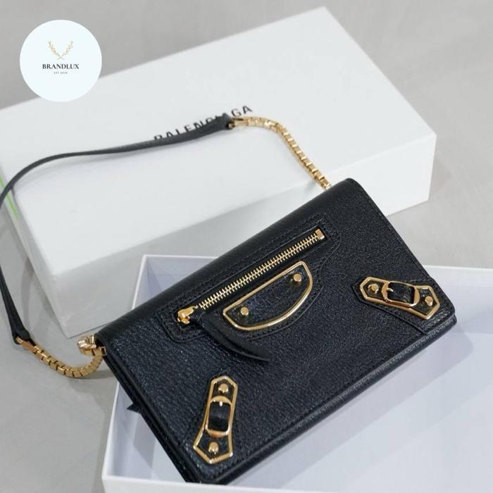 BALENCIAGA METALLIC EDGE WALLET ON CHAIN WOC IN BLACK GHW