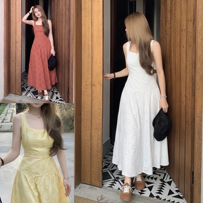 D1803 FOBOS KOREAN STYLE EYELET VINTAGE MIDI DRESS CASUAL ELEGAN SANTAI KATBOL