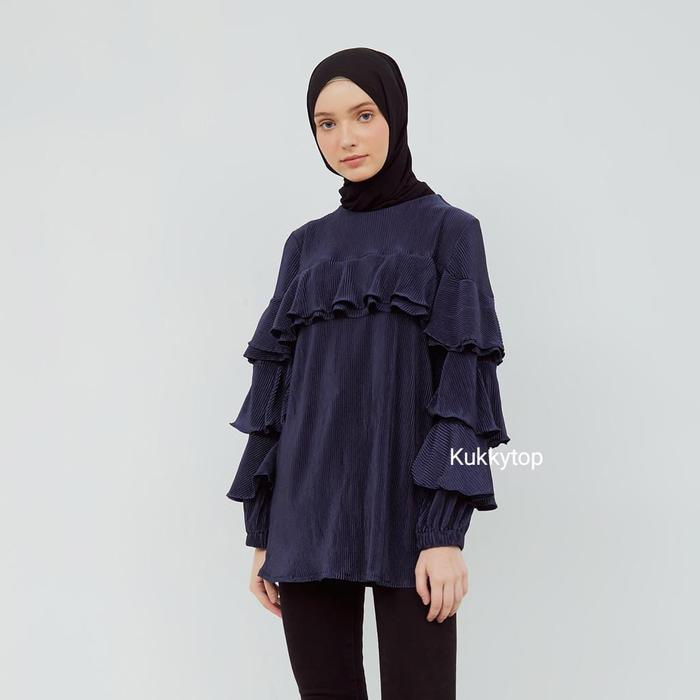 New Kukky Top Baju Plisket Fashion Muslim Atasan Ruffle Wanita Blus Import Bangkok Model Korean Styl
