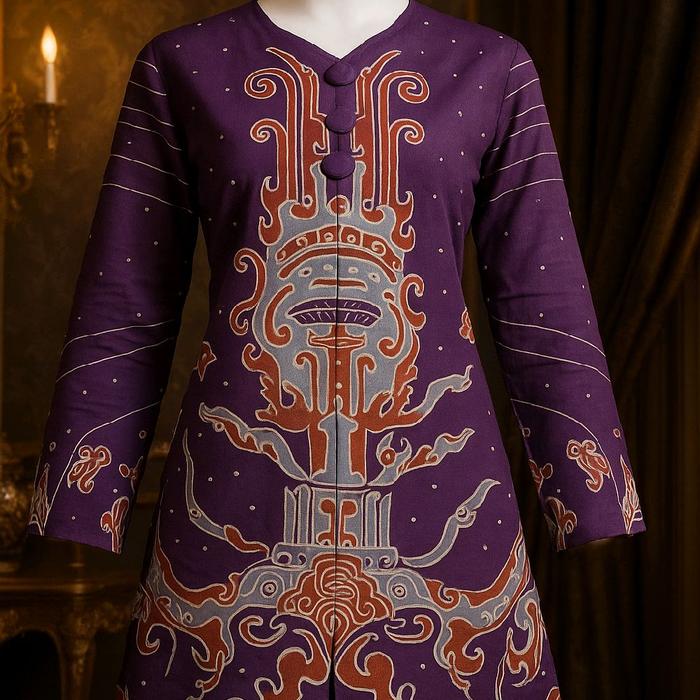 Atasan Tunik Wanita Motif Batik Lampung Ungu Lengan Panjang Bahan Katun Premium Berlapis Furing