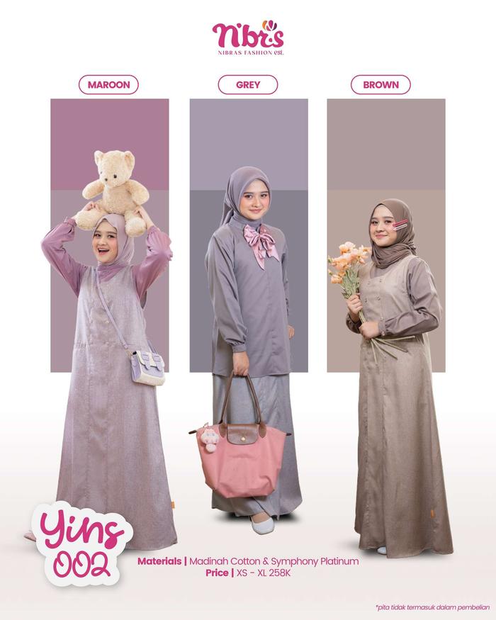 Nibras YINS 002 Grey Abu Brown Coklat Maroon Merah Baju Outfit Set Inner Outer Panjang Syar'i Long D