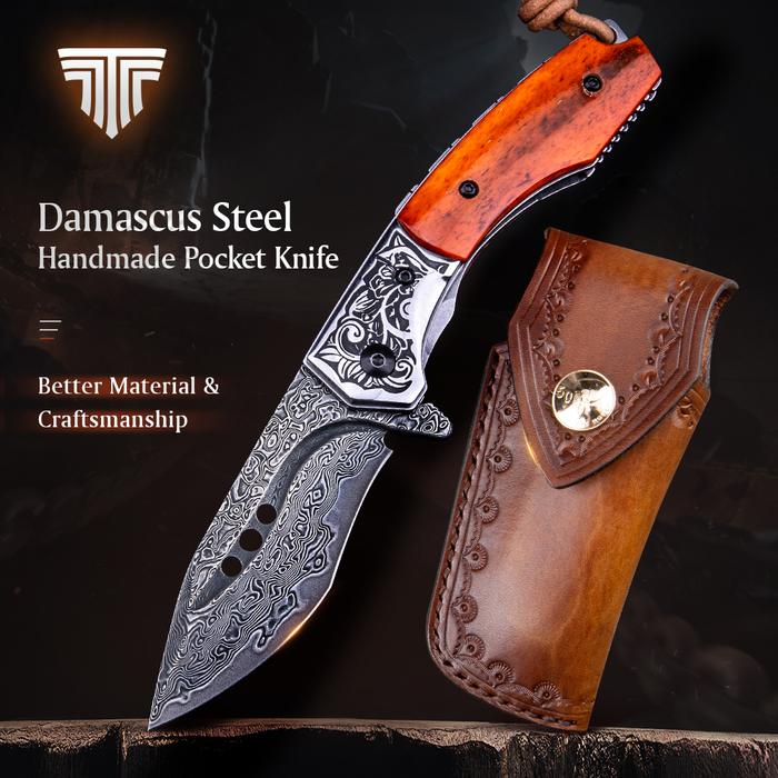 TRIVISA Damascus Folding Knife,Handmade Tanto Point Pocket Knife with
