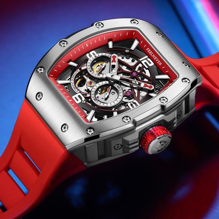 FeelNever Men Watch Brand Tonneau Automatic Mechanical Luminous Original Hollowing Out Movement Sapp